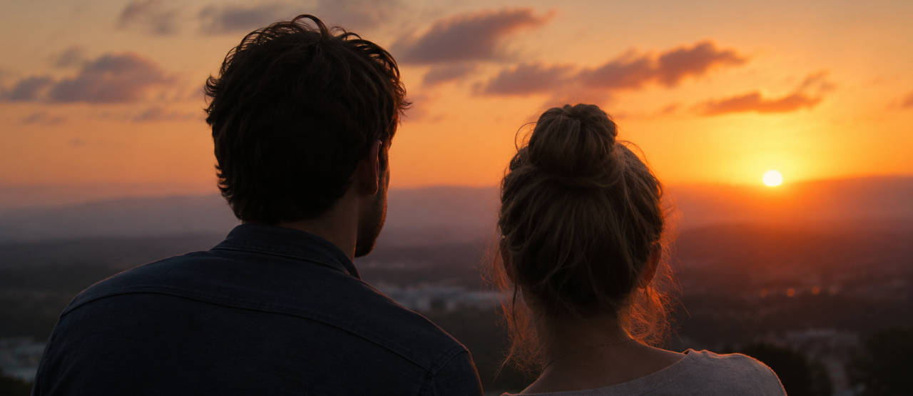 Una pareja observa la puesta de sol